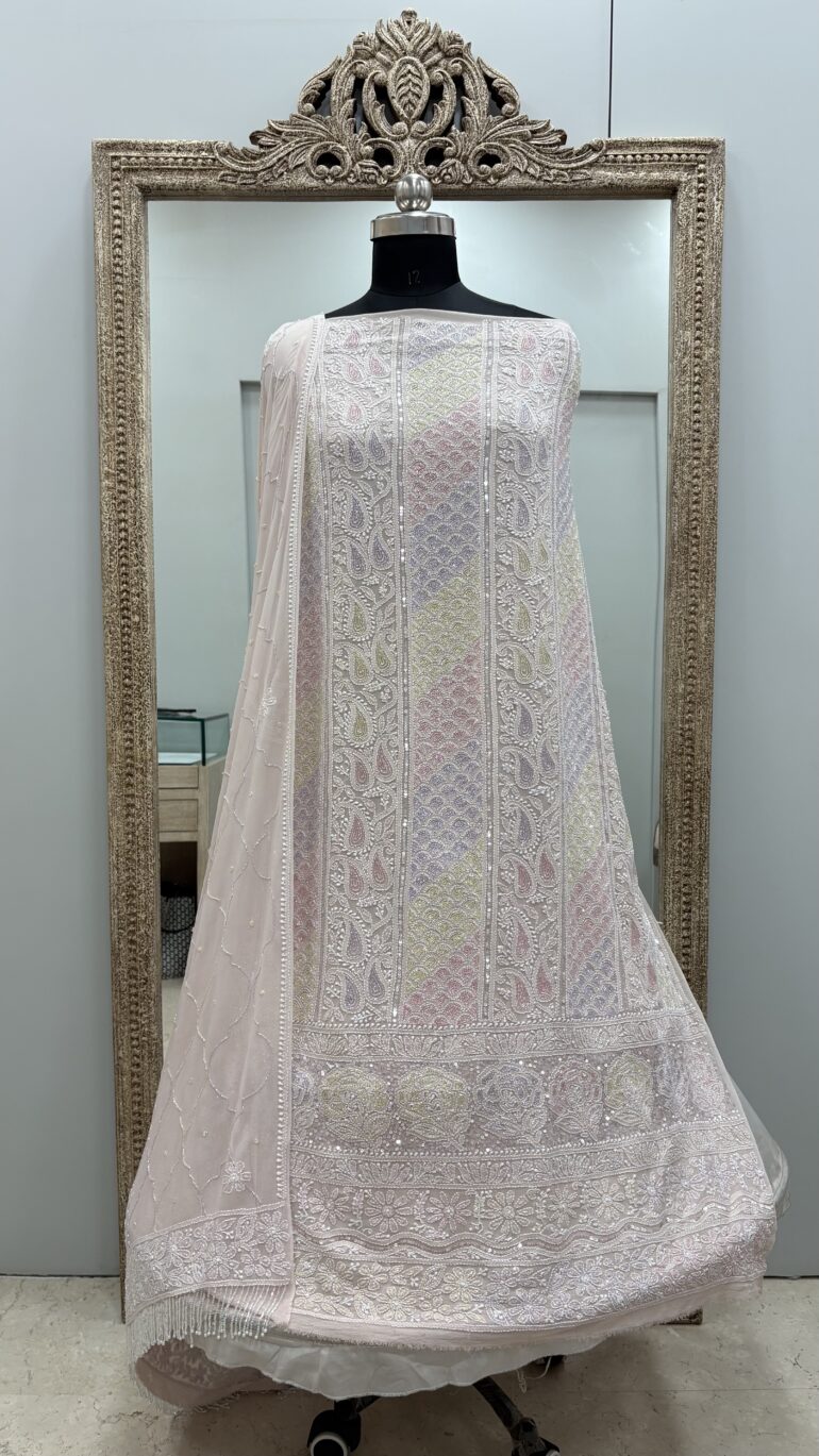 Pure Georgette Heavy Pearl Cutdana and Sequence Designer  Rose Gold