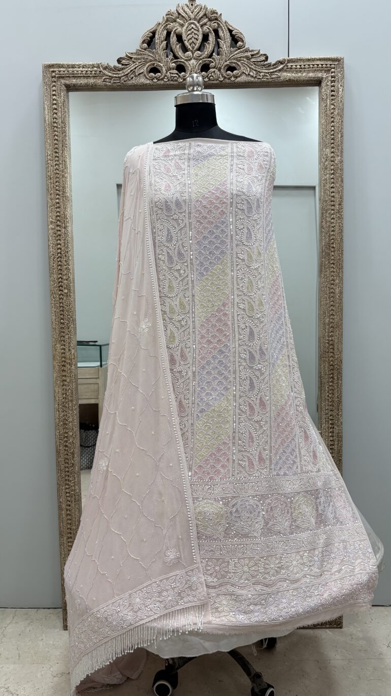 Pure Georgette Heavy Pearl Cutdana and Sequence Designer  Rose Gold