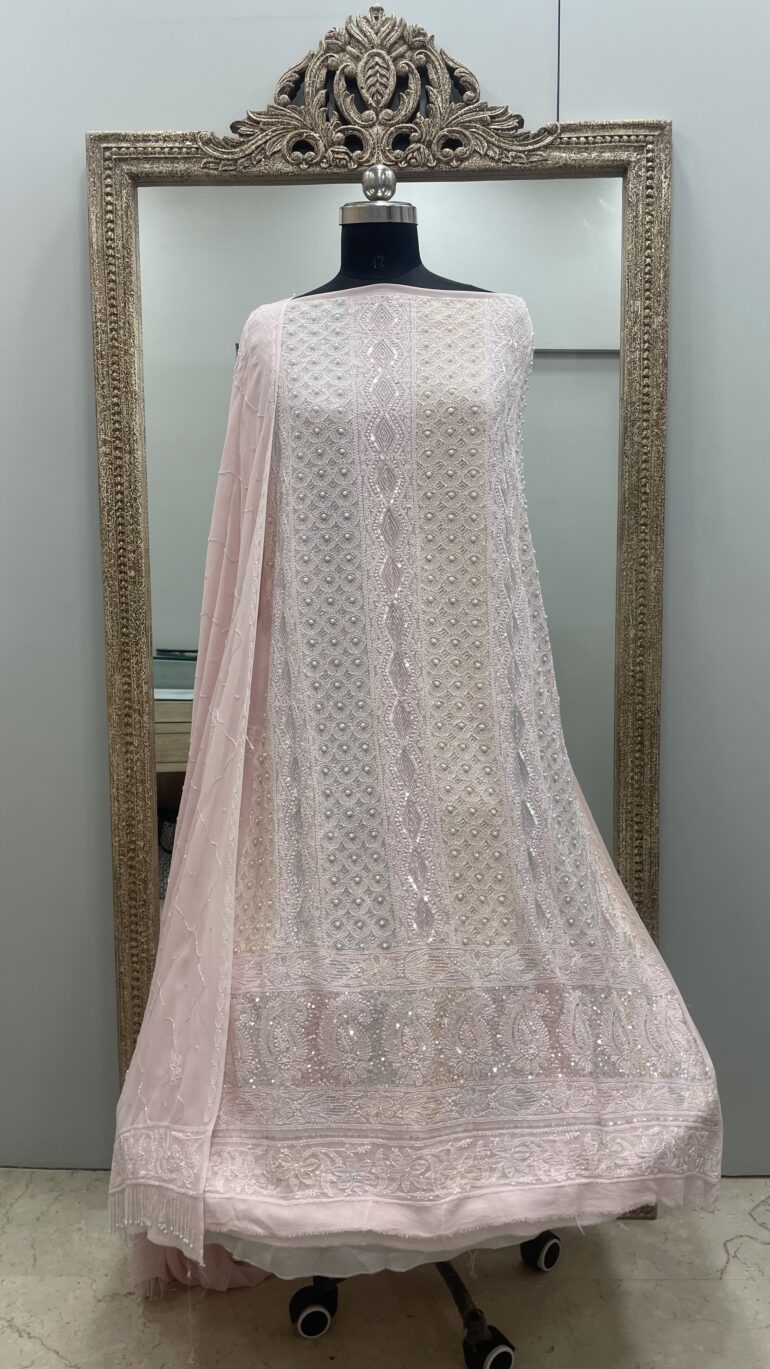 Pure Georgette Heavy Pearl Cutdana and Sequence Designer  Powder Pink