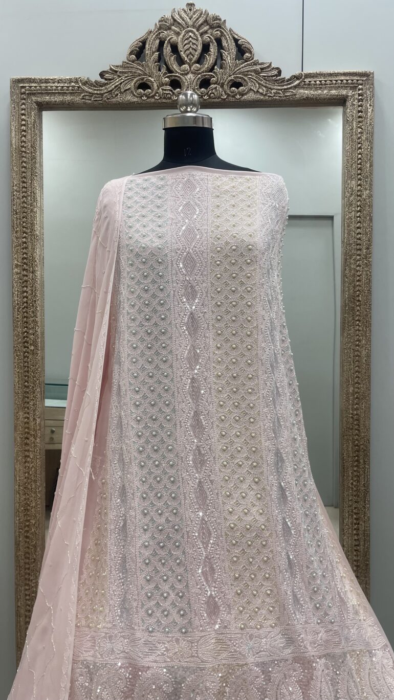 Pure Georgette Heavy Pearl Cutdana and Sequence Designer  Powder Pink