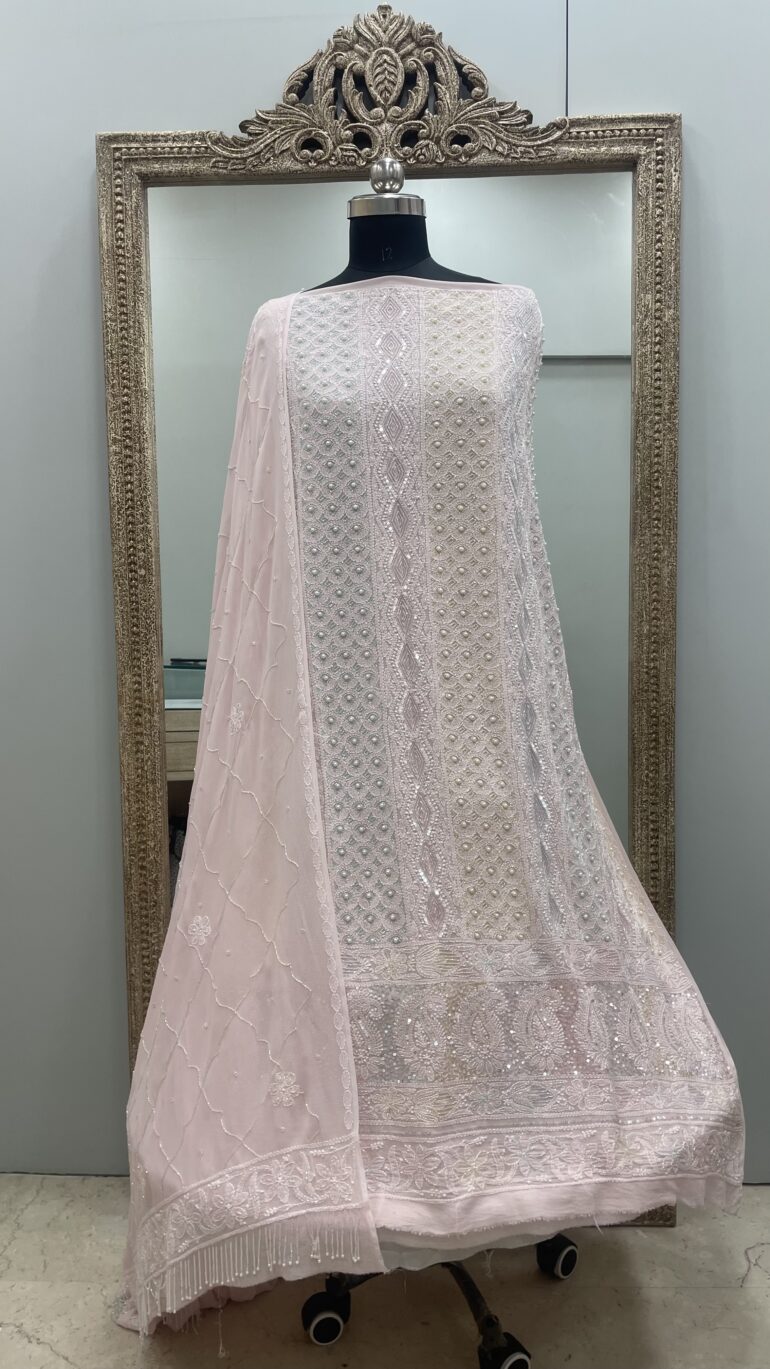 Pure Georgette Heavy Pearl Cutdana and Sequence Designer  Powder Pink