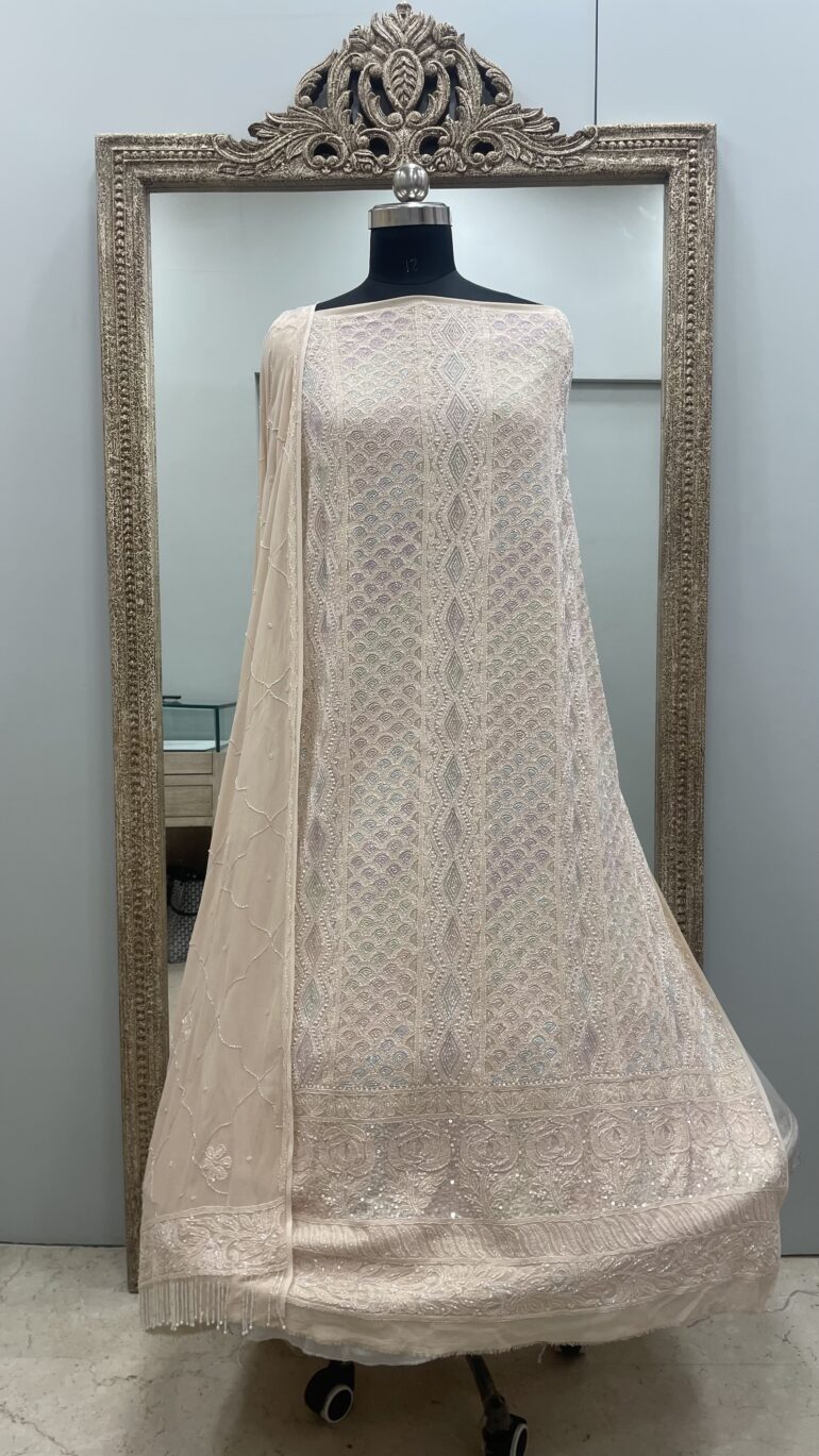 Pure Georgette Heavy Pearl Cutdana and Sequence Designer Beige