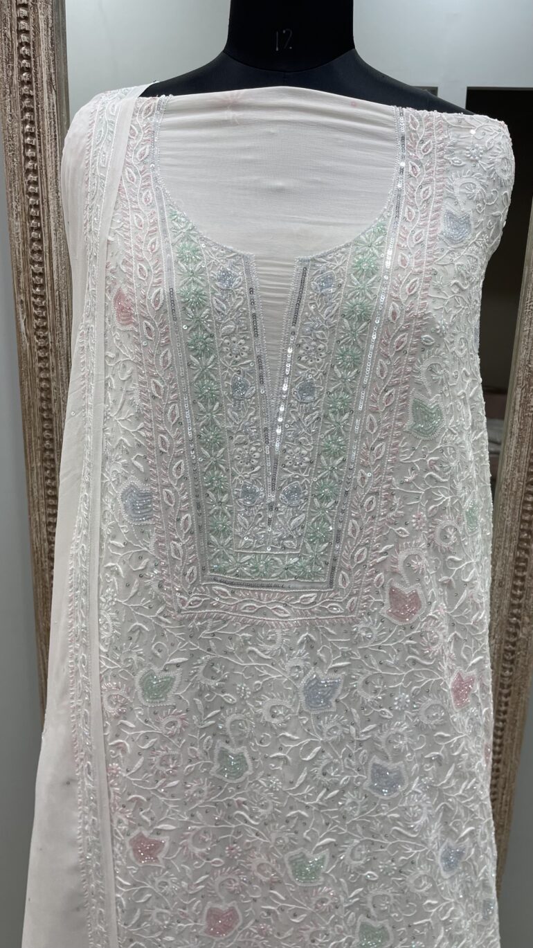 Pure Georgette Heavy Cutdana Pearl And Sequence Work Designer With Dupatta White
