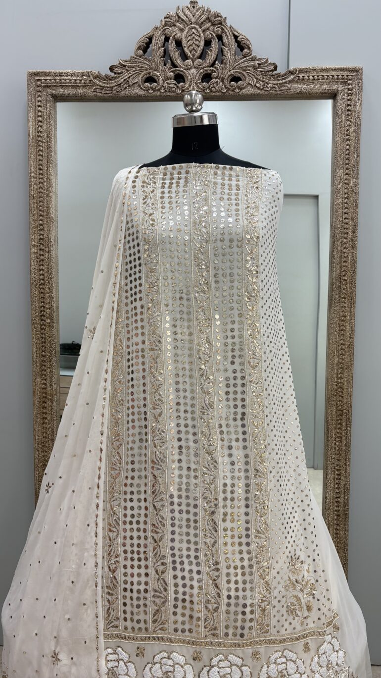 Pure Georgette Badla Mukaish and Pearl Shirt and Dupatta Off White