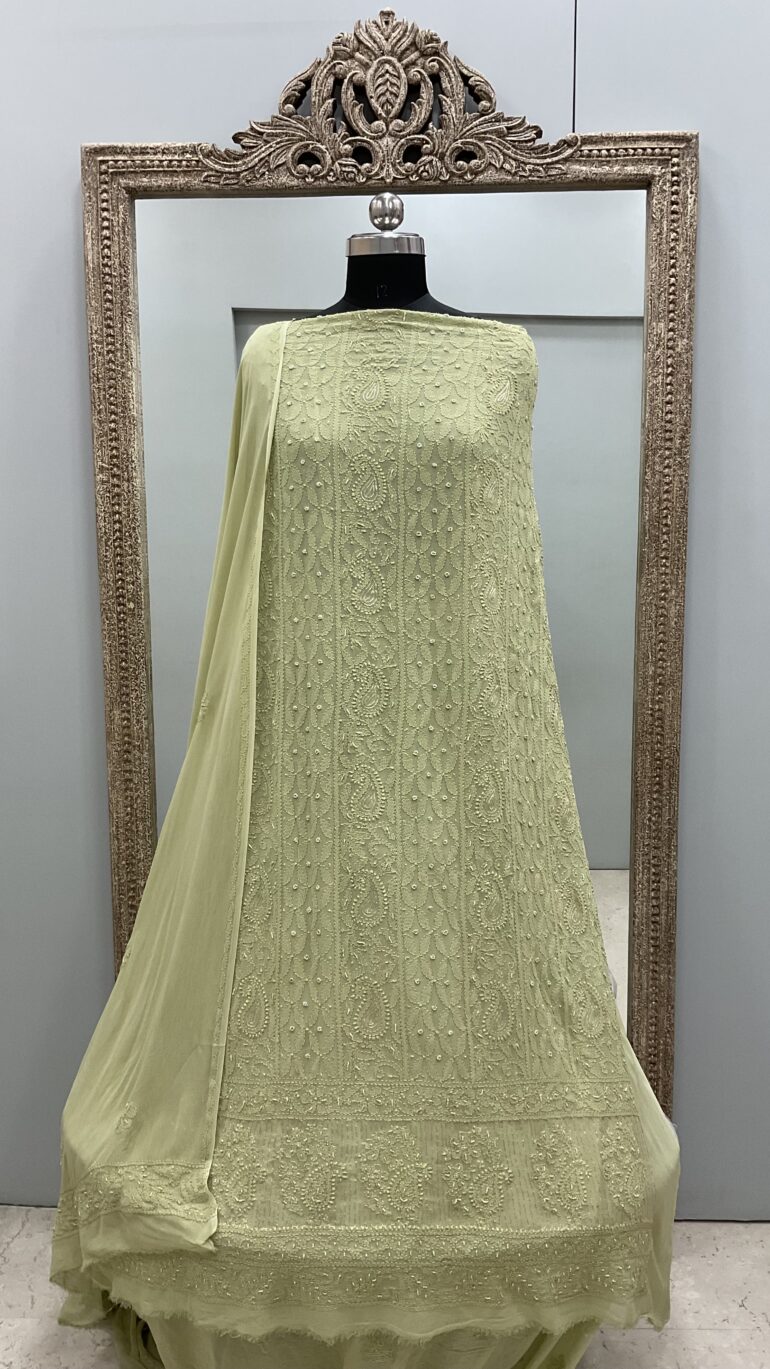 Colored Pearl Georgette Shirt With Dupatta Mehendi Green