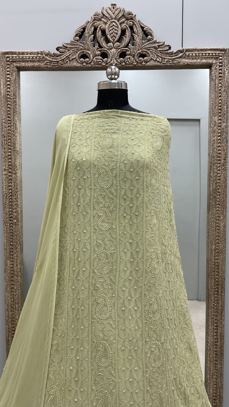 Colored Pearl Georgette Shirt With Dupatta Mehendi Green