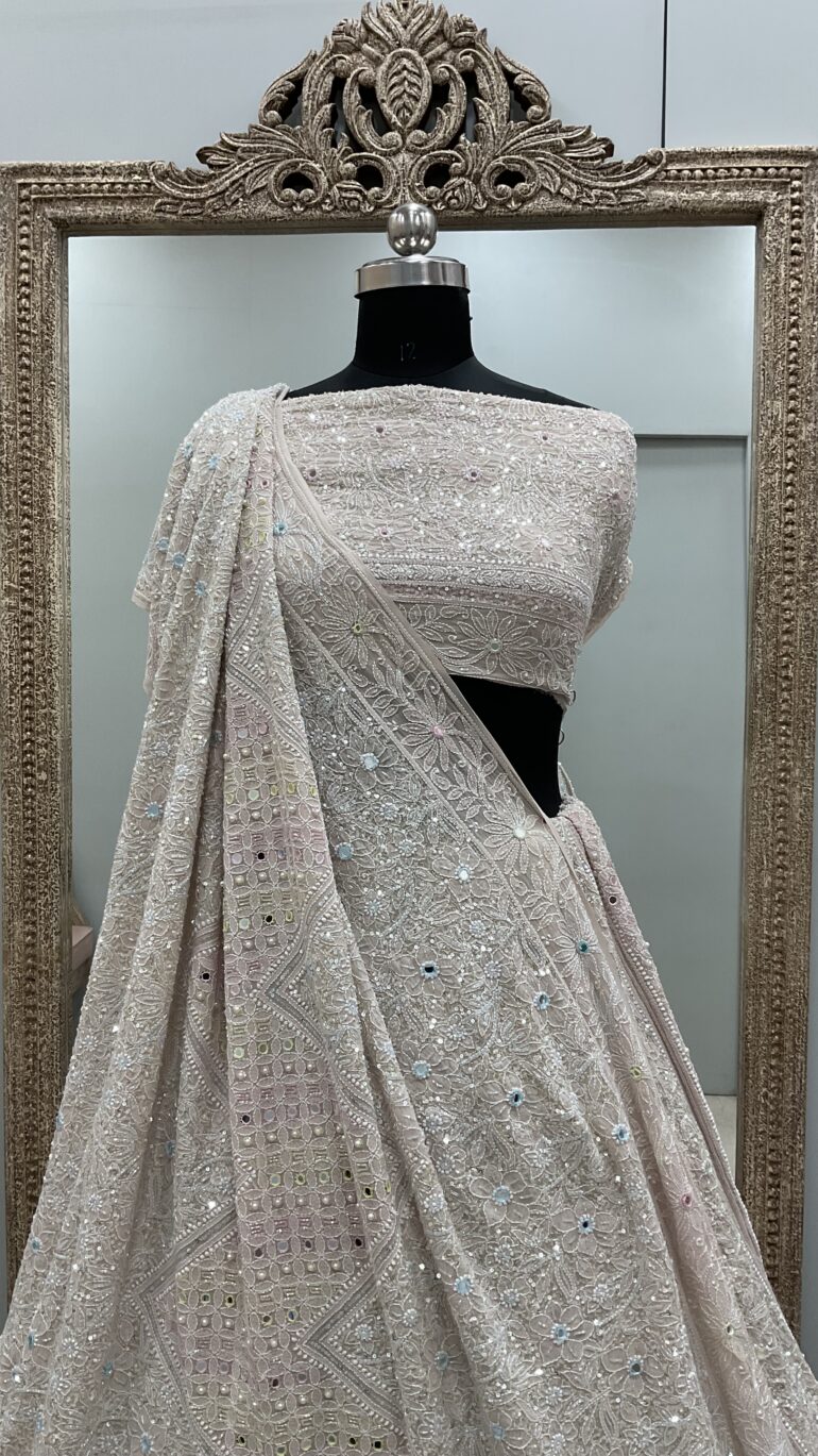 Pure Georgette Heavy Multicolored Cutdana Mirror and Sequence Work Beige