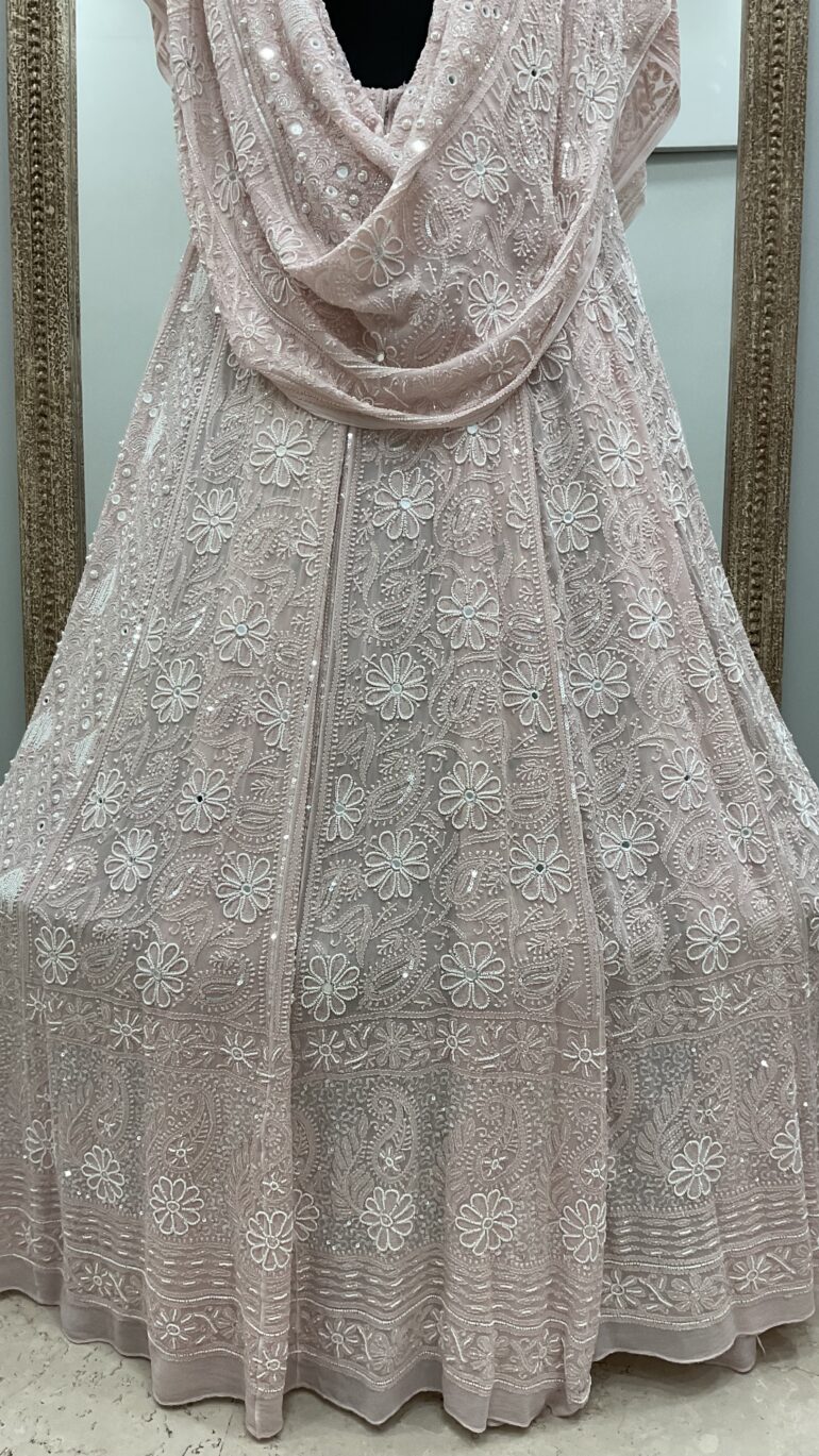 Pure Georgette Heavy Multicolored Cutdana Pearl and Sequence Peachy Pink