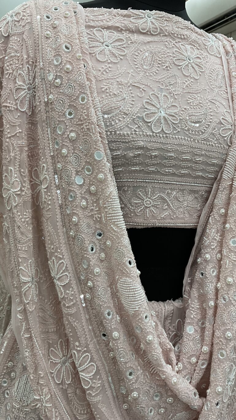 Pure Georgette Heavy Multicolored Cutdana Pearl and Sequence Peachy Pink