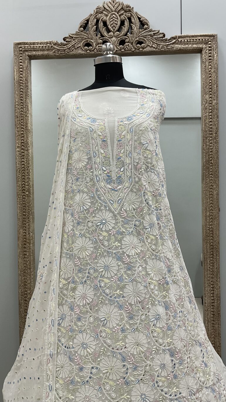Pure Georgette Heavy Cutdana Pearl And Sequence Work Designer With Dupatta White