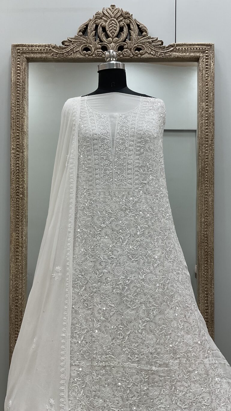 Pure Georgette Heavy Cutdana Pearl and Sequence Designer White