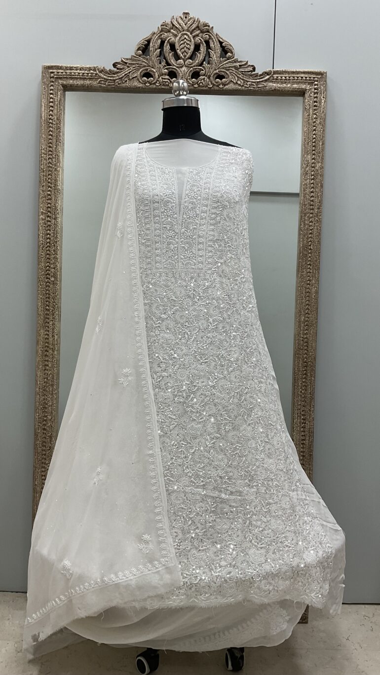 Pure Georgette Heavy Cutdana Pearl and Sequence Designer White