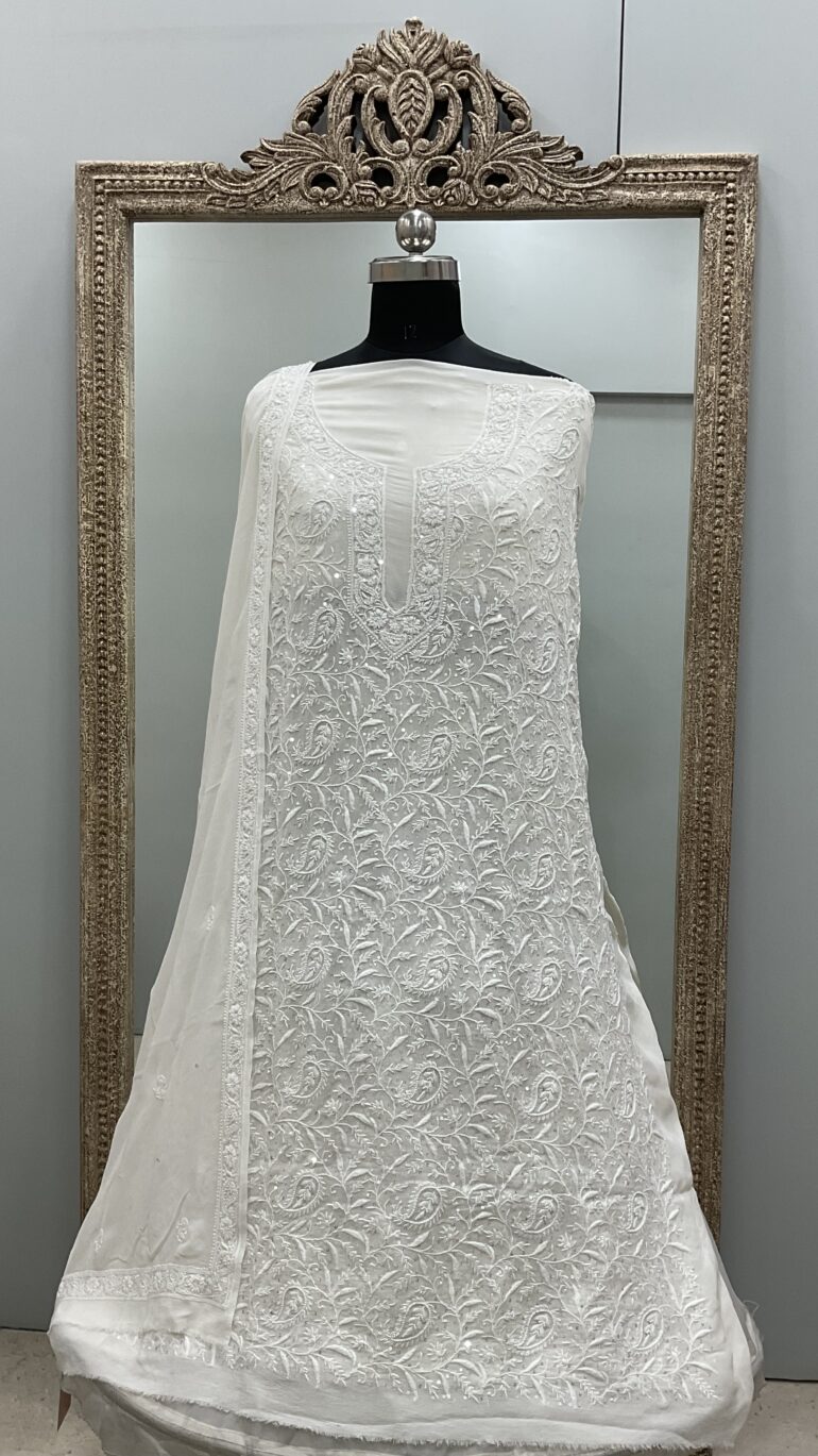 Pure Georgette Heavy Cutdana Pearl and Sequence Designer White