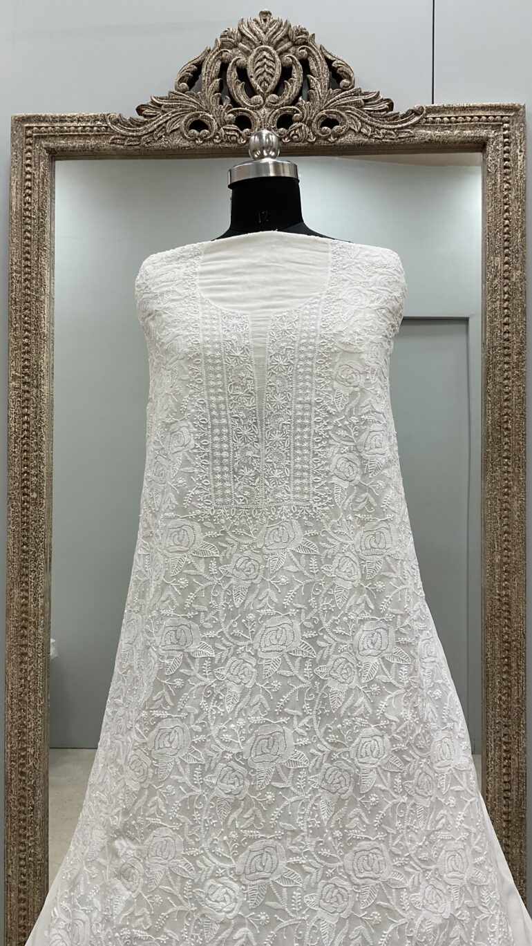 Pure Georgette Heavy Chickankari Work Straight Shirt Front and Back Same Off White 03