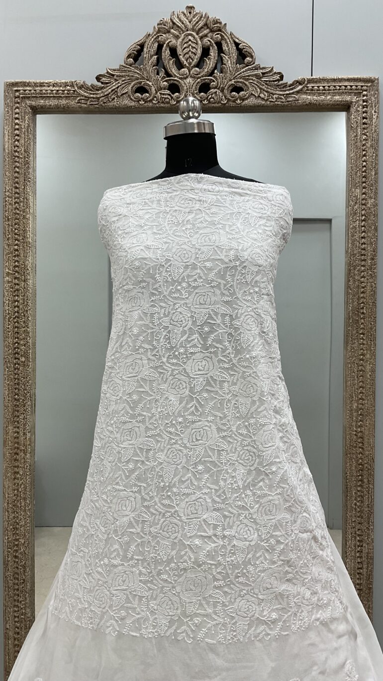 Pure Georgette Heavy Chickankari Work Straight Shirt Front and Back Same Off White 03