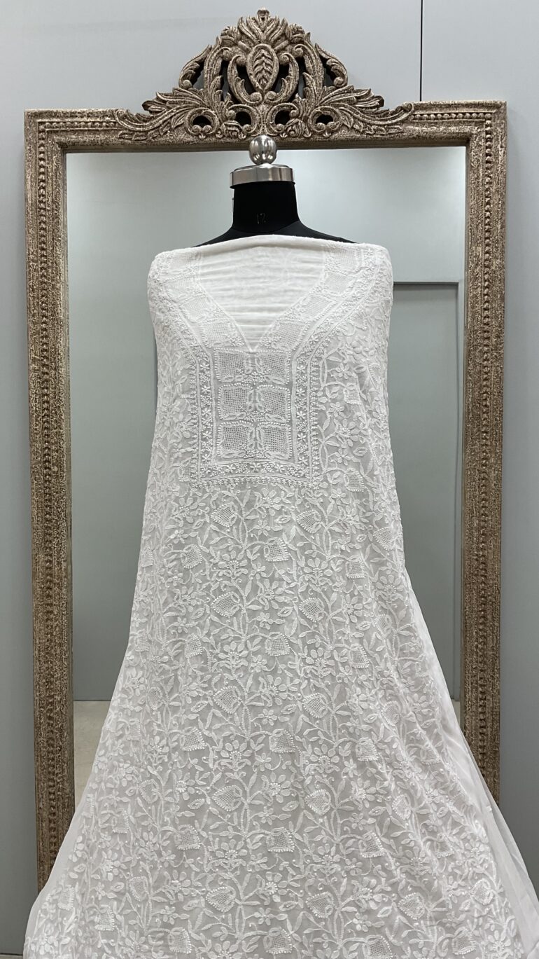 Pure Georgette Heavy Chickankari Work Straight Shirt Front and Back Same Off White 02