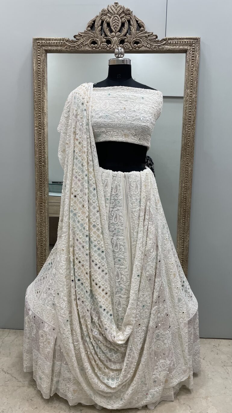 Pure Georgette Heavy Multicolored Cutdana Pearl and Sequence Off White