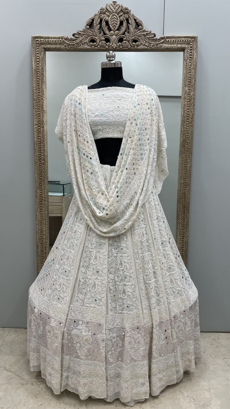 Pure Georgette Heavy Multicolored Cutdana Pearl and Sequence Off White
