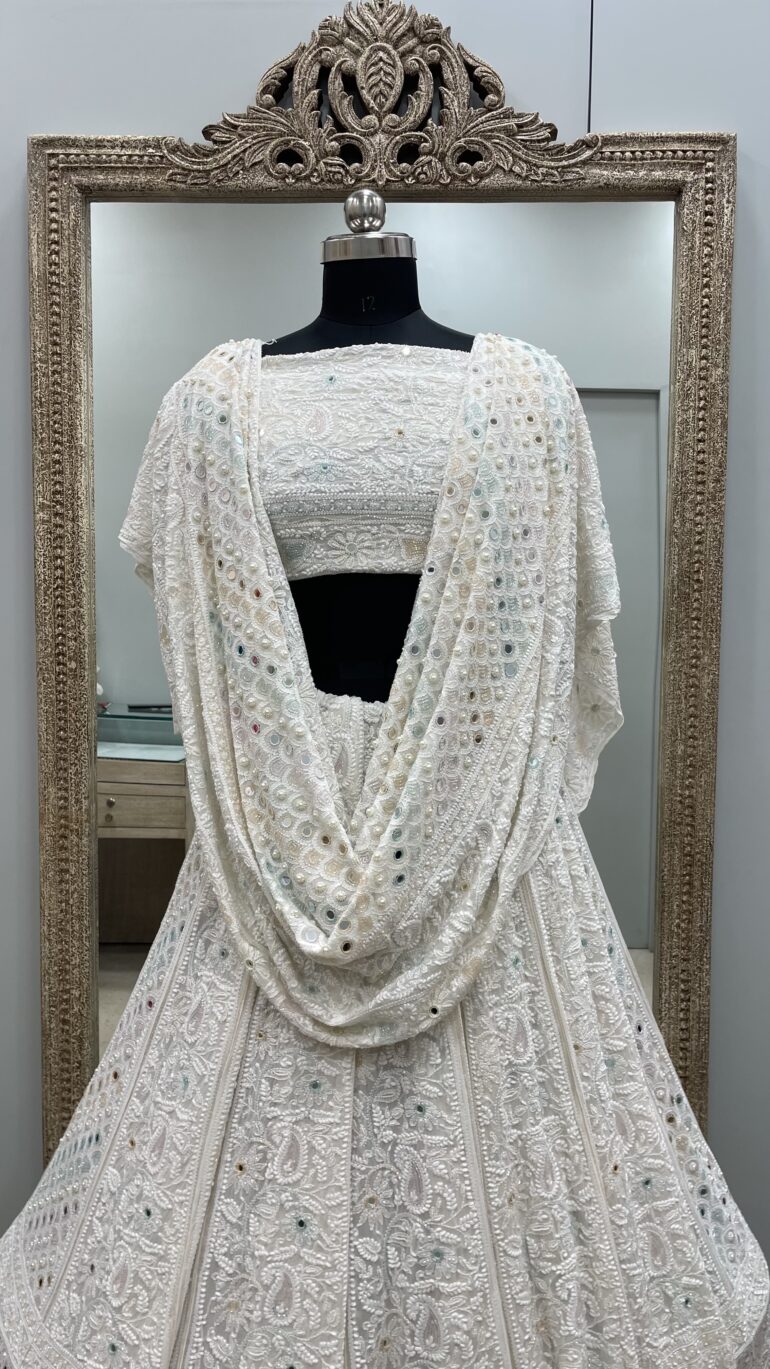 Pure Georgette Heavy Multicolored Cutdana Pearl and Sequence Off White
