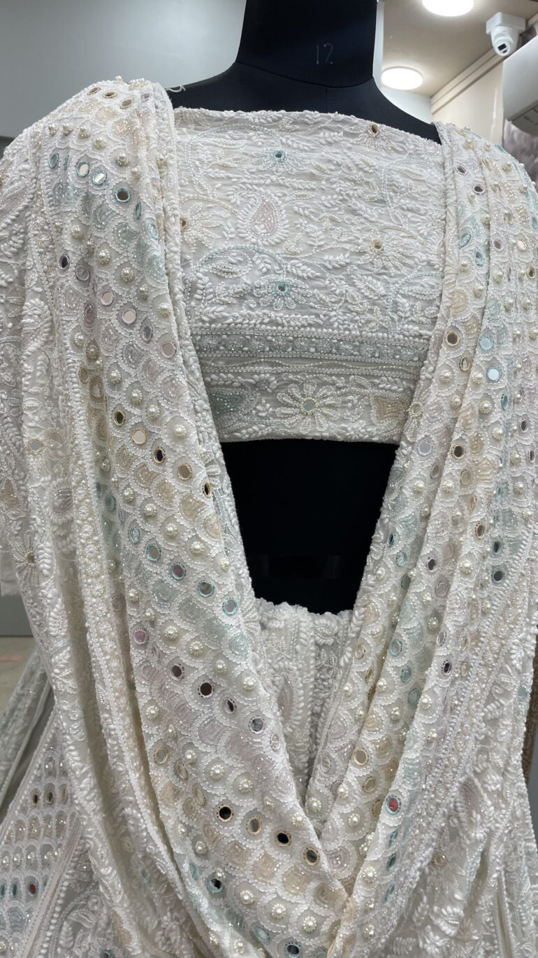 Pure Georgette Heavy Multicolored Cutdana Pearl and Sequence Off White