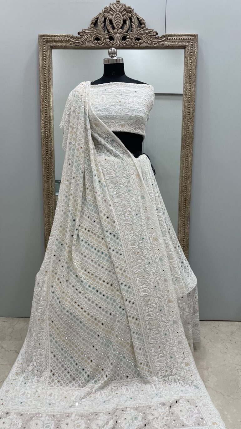 Pure Georgette Heavy Multicolored Cutdana Pearl and Sequence Off White
