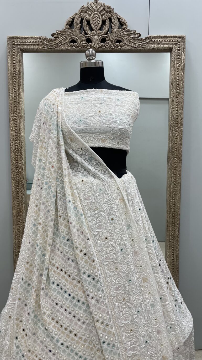 Pure Georgette Heavy Multicolored Cutdana Pearl and Sequence Off White