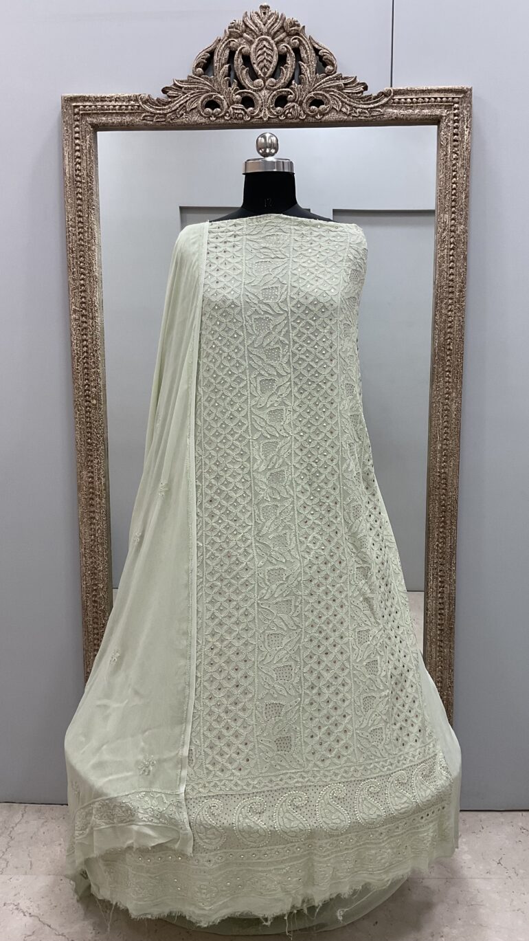 106 Chikan Mukaish Georgette Shirt and Dupatta Light Green