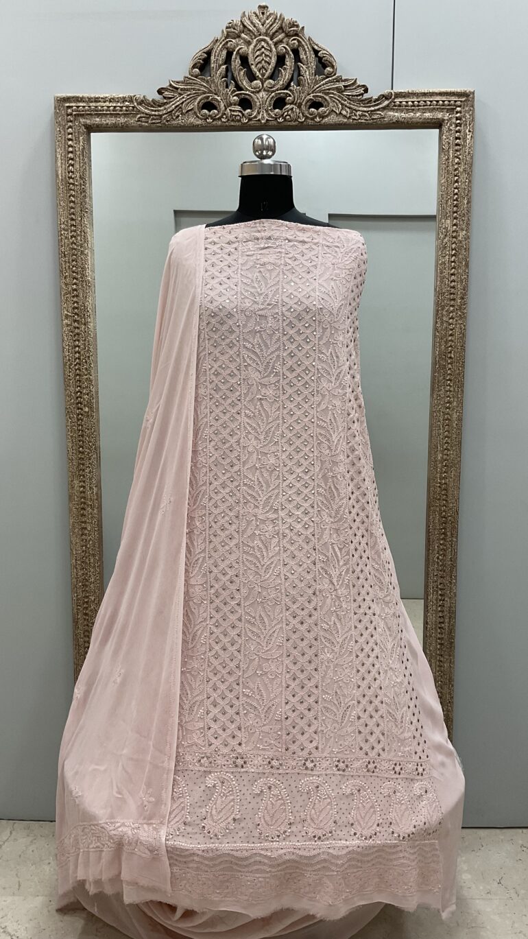 106 Chikan Mukaish Georgette Shirt and Dupatta Light Peach