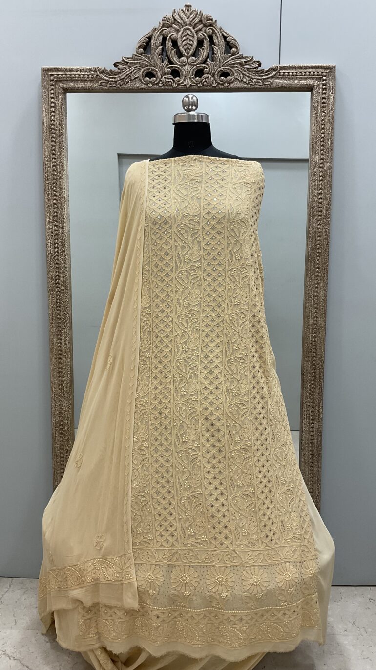 106 Chikan Mukaish Georgette Shirt and Dupatta Beige