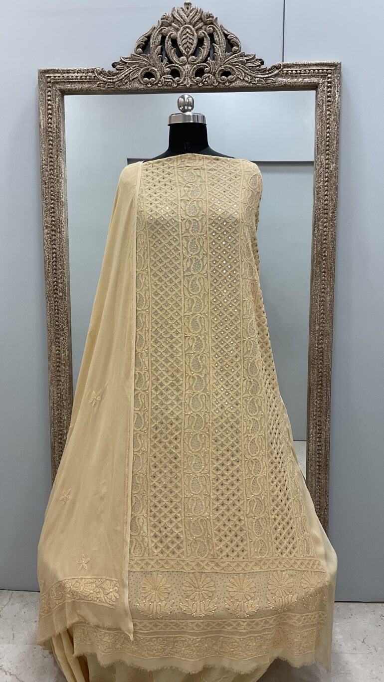 106 Chikan Mukaish Georgette Shirt and Dupatta Beige