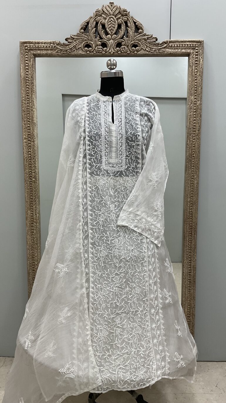 Pure Organza Semistiched Straight With Chickan Work Off White 01