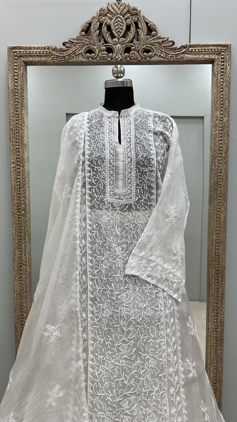Pure Organza Semistiched Straight With Chickan Work Off White 01
