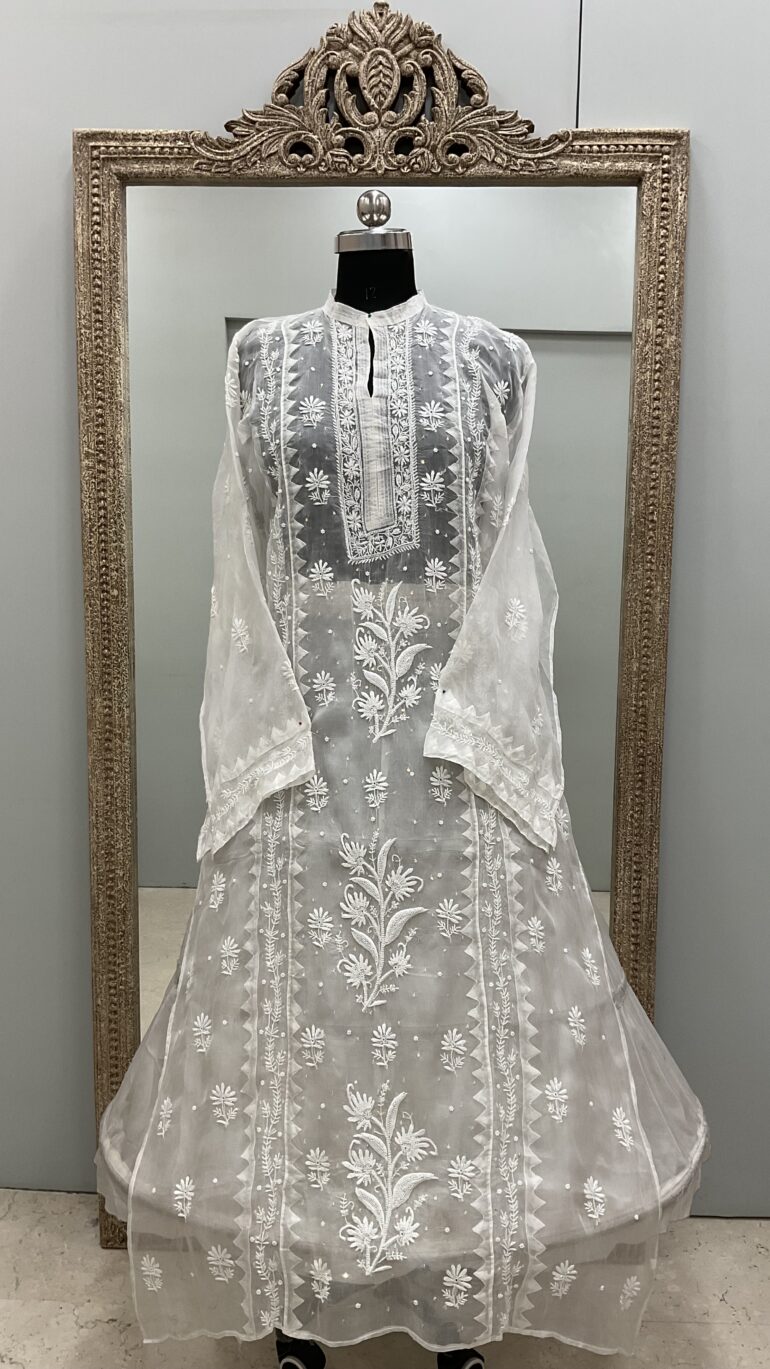 Pure Organza Semistiched Straight With Chickan And Addon Work Off White 02