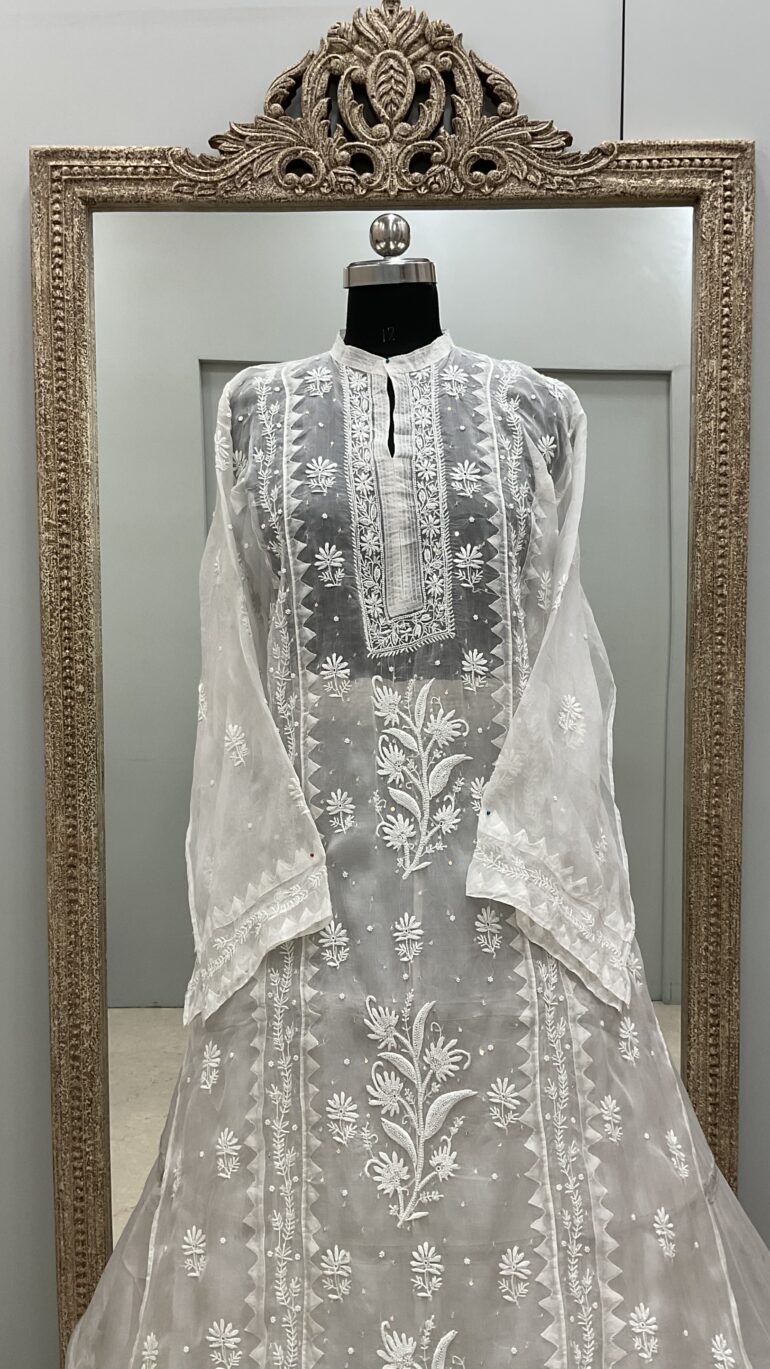 Pure Organza Semistiched Straight With Chickan And Addon Work Off White 02