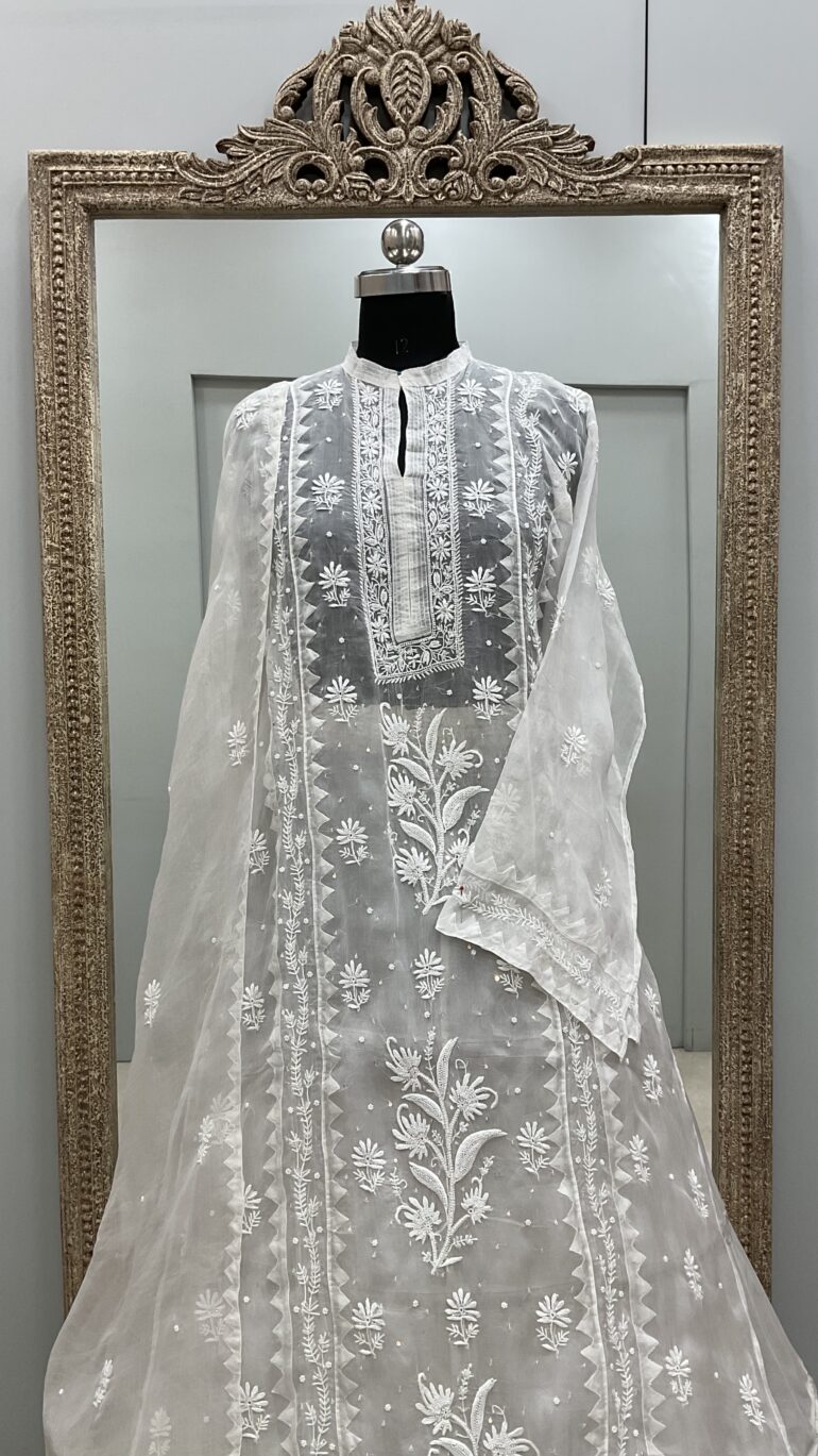 Pure Organza Semistiched Straight With Chickan And Addon Work Off White 03
