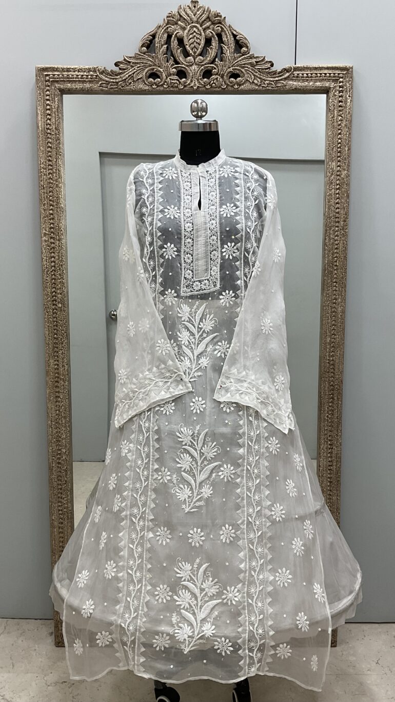 Pure Organza Semistiched Straight With Chickan And Addon Work Off White 04