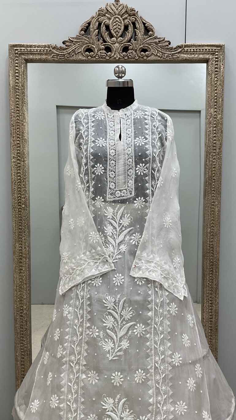Pure Organza Semistiched Straight With Chickan And Addon Work Off White 04