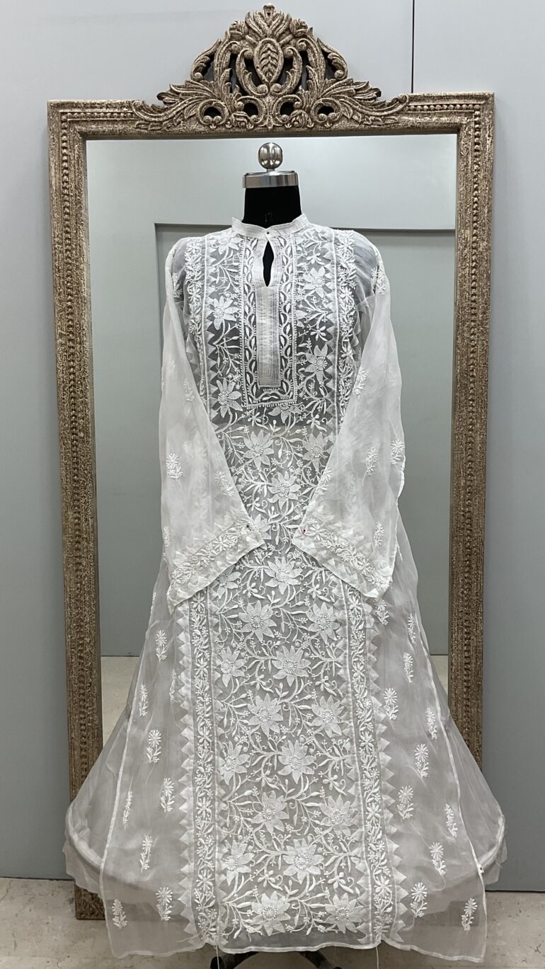Pure Organza Semistiched Straight With Chickan Work Off White 05