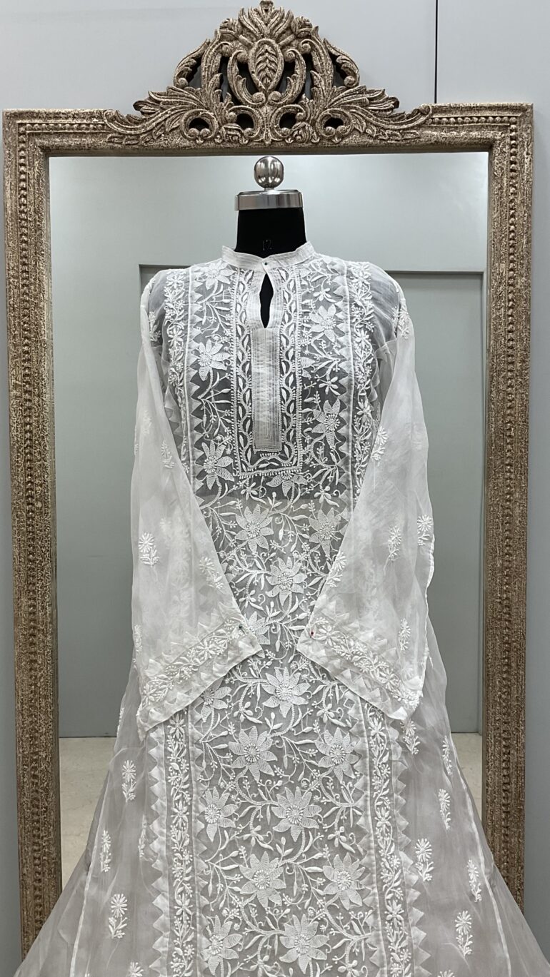 Pure Organza Semistiched Straight With Chickan Work Off White 05