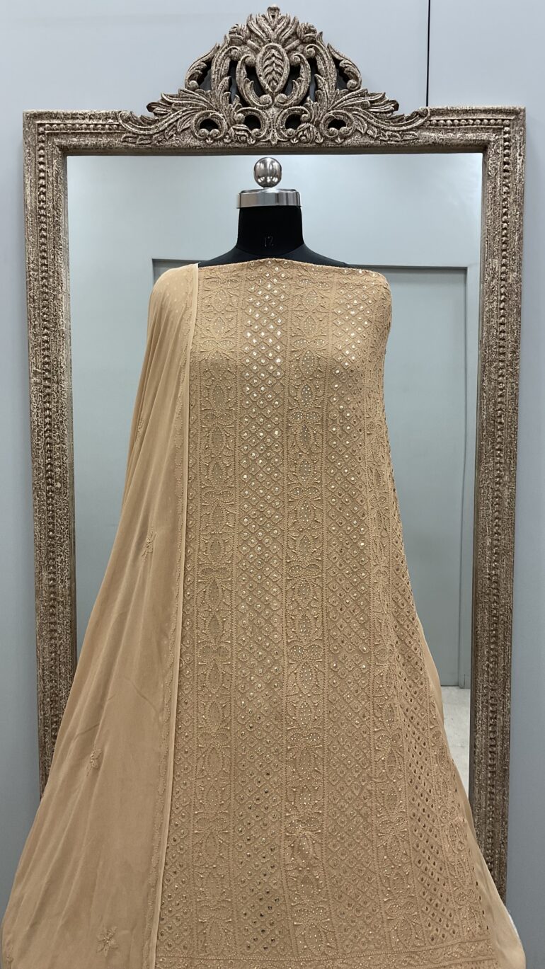 106 Chikan Mukaish Georgette Shirt and Dupatta Golden Beige