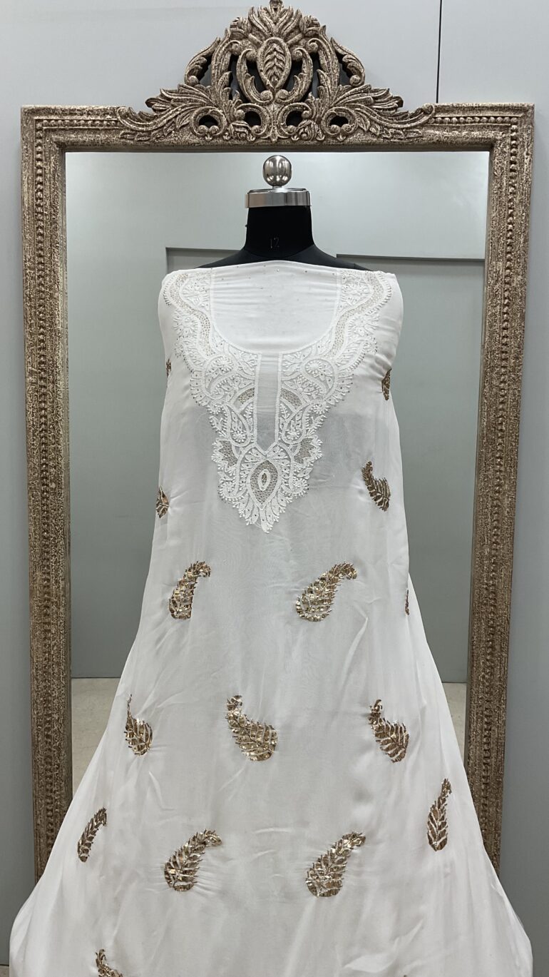 Badla Mukaish Georgette Straight Shirt Off White