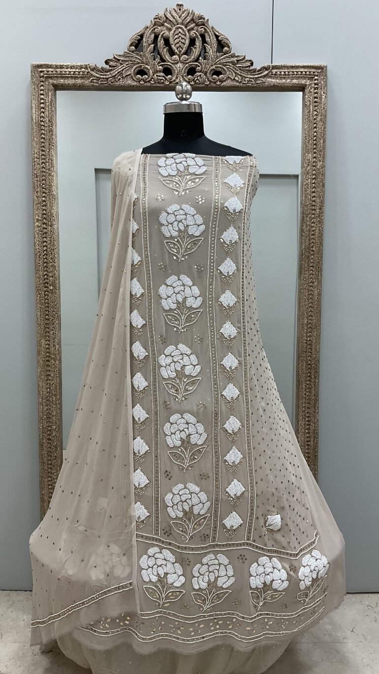 Badla Mukaish and Heavy Pearl Shirt and Dupatta Beige