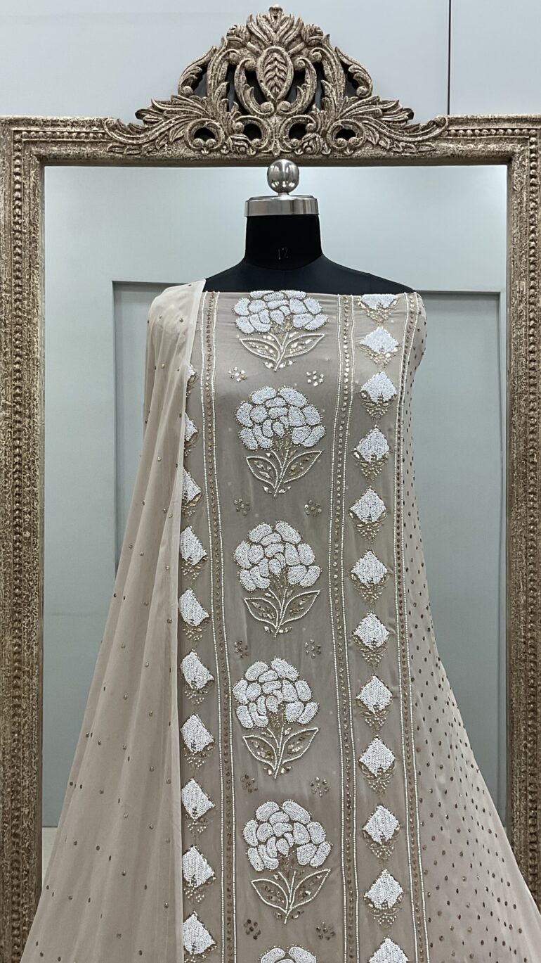 Badla Mukaish and Heavy Pearl Shirt and Dupatta Beige