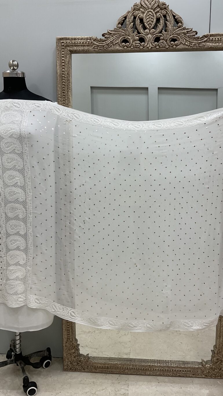 Pure Georgette Heavy Mukaish Designer Dupatta Off White 08
