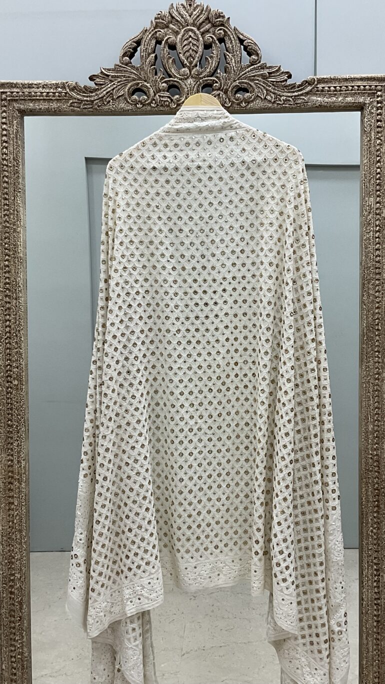Pure Georgette Heavy Ring Mukaish Designer Dupatta Off White 02