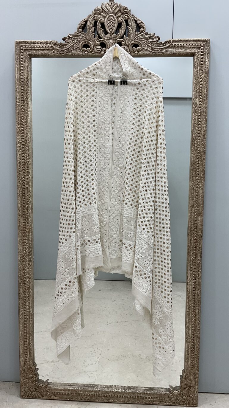 Pure Georgette Heavy Ring Mukaish Designer Dupatta Off White 02