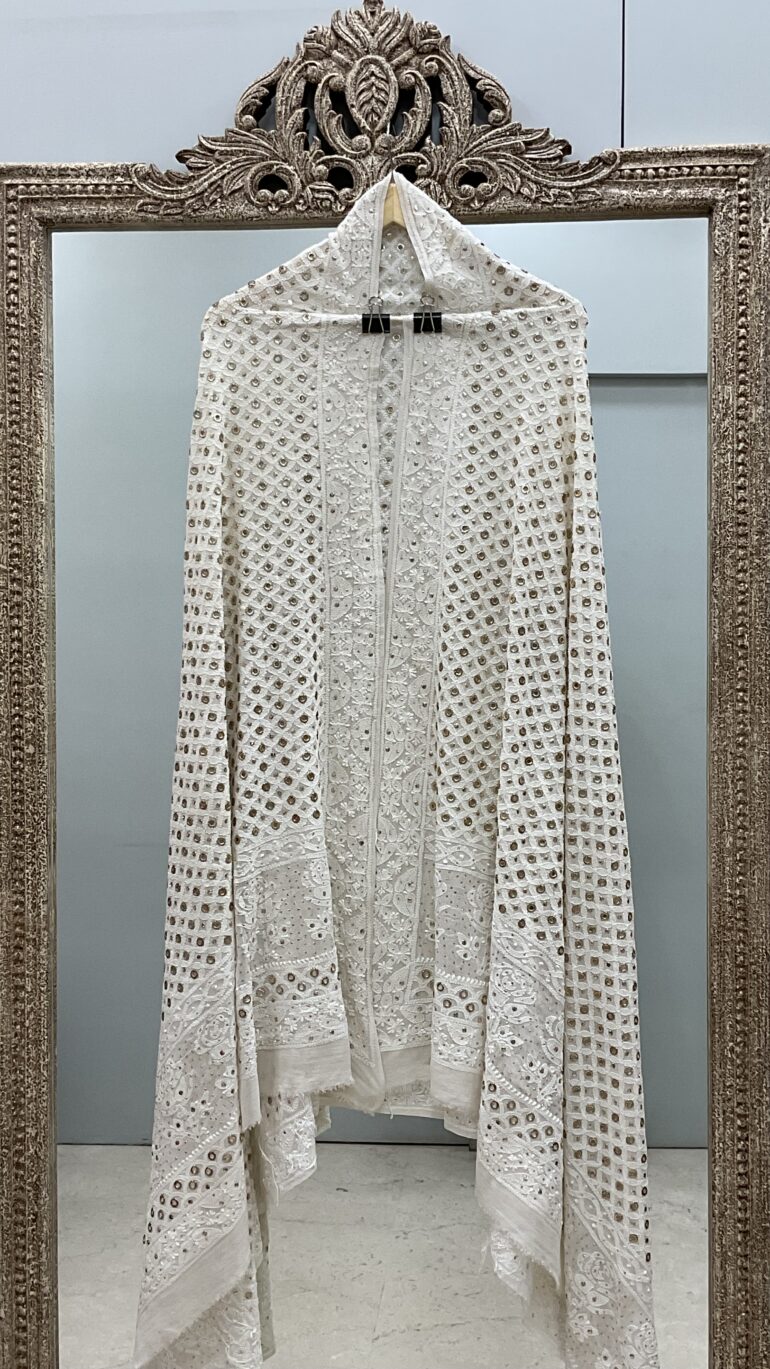Pure Georgette Heavy Ring Mukaish Designer Dupatta Off White 02