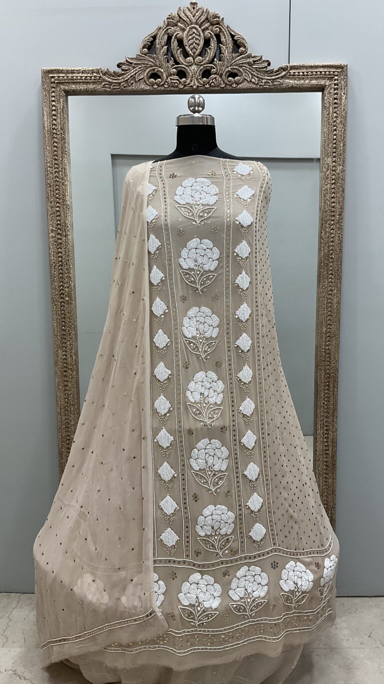 Badla Mukaish and Heavy Pearl Shirt and Dupatta Beige