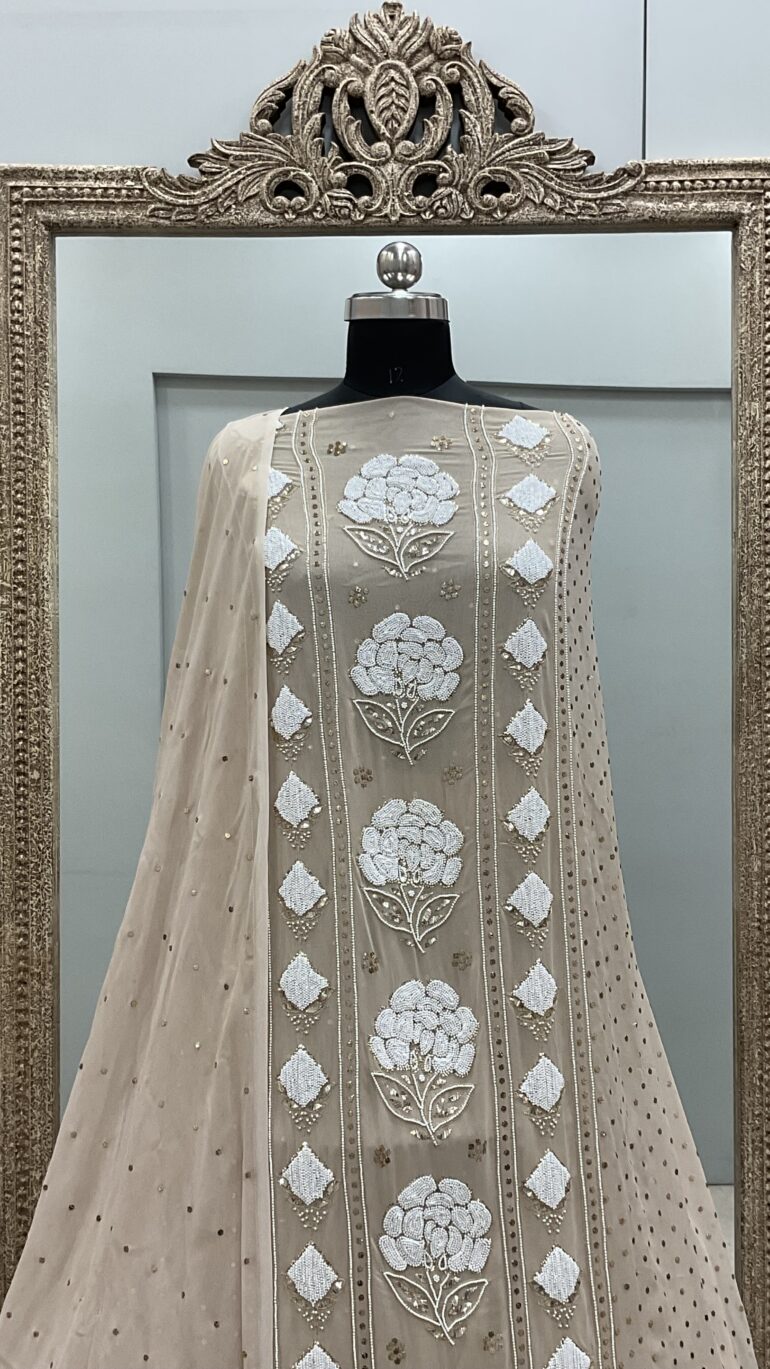 Badla Mukaish and Heavy Pearl Shirt and Dupatta Beige