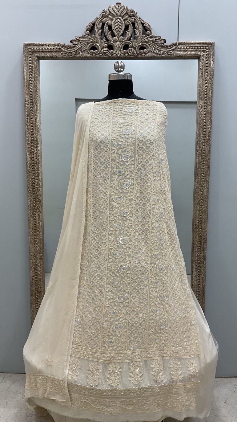 Multicolored Cutdana and Sequence Straight Powder Beige